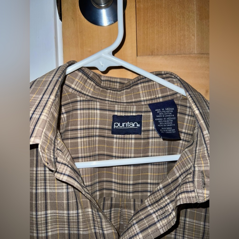 VINTAGE Button Down Brown Short Sleeve Plaid Mens or Women’s M